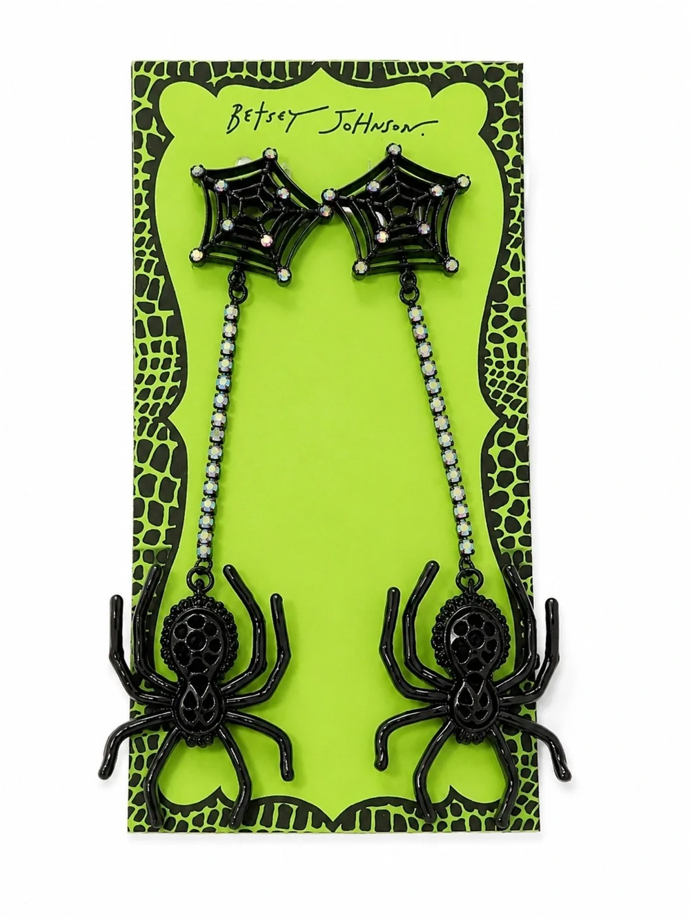 Betsey Johnson Spider Web Rhinestone Dangle Earrings Black Halloween NWT $68